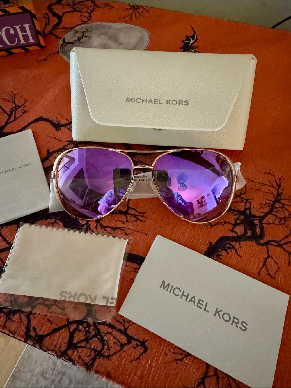 Michael Kors Aviator Sunglasses with Purple Mirror Lenses